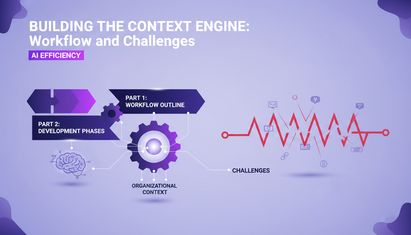 Modern illustration of workflow and challenges in building a context engine in AI, featuring geometric shapes and gradient overlays.