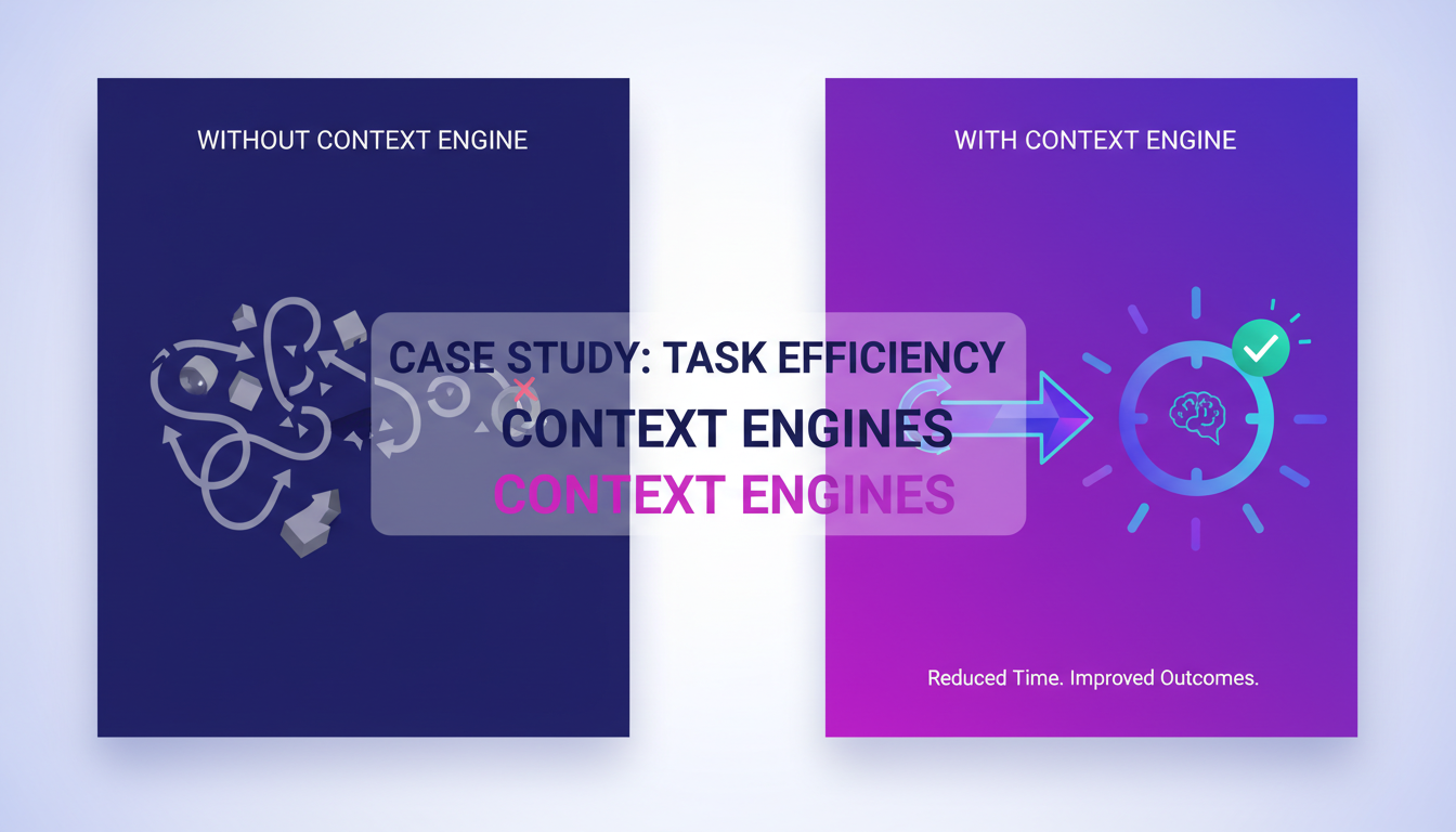 Modern illustration on task efficiency with context engines, comparative analysis, real-world case study, AI, indigo, violet.