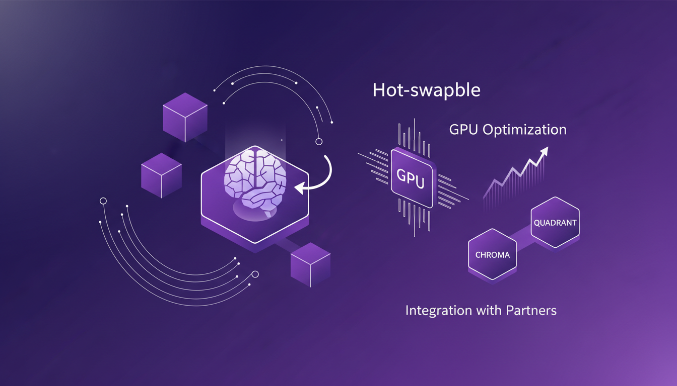 Illustration moderne de l'optimisation GPU et du hot-swapping, avec formes géométriques et dégradés, pour l'efficacité IA.