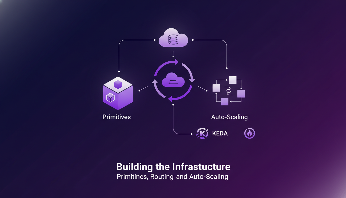 Illustration moderne de l'infrastructure AI avec primitives, routage et auto-scaling, utilisant des formes géométriques et dégradés indigo.