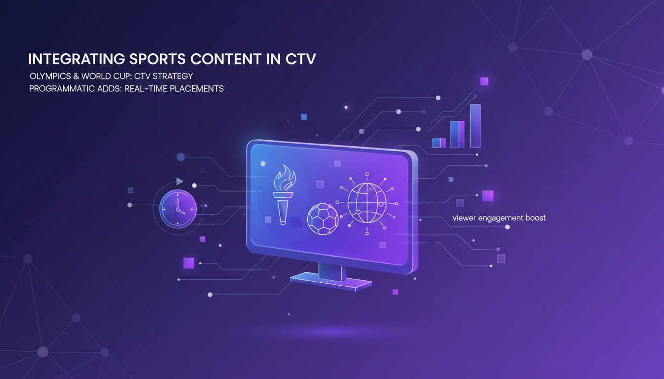 Modern illustration of integrating sports content in CTV with geometric shapes and gradients, highlighting innovation and viewer engagement.