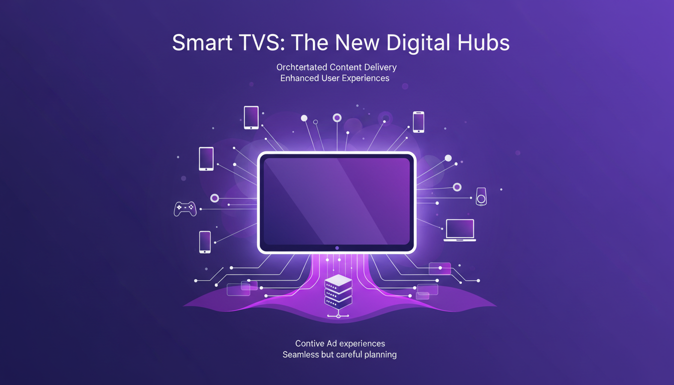 Modern illustration of Smart TV as a digital hub, integrating native ad experiences, featuring geometric shapes and gradient overlays.