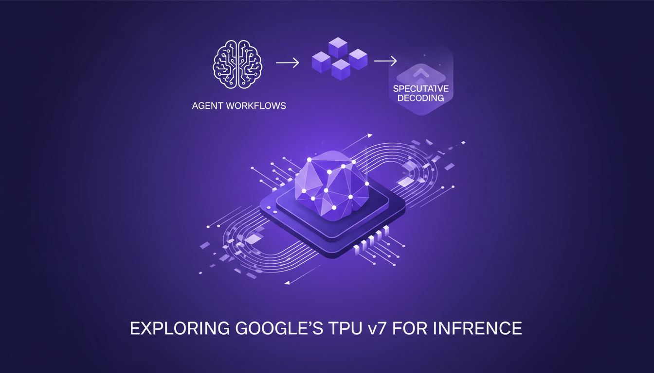 Modern illustration of Google's TPU v7 for inference, highlighting architecture and speculative decoding, minimalist style.