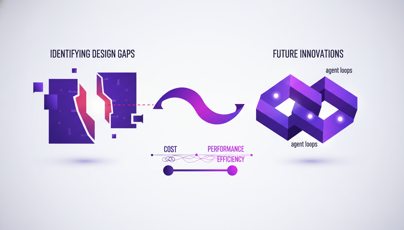 Modern illustration of future innovations and design gaps in AI chips, featuring geometric shapes and indigo-violet gradients.