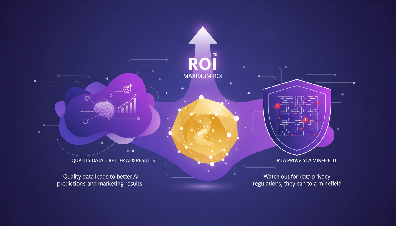 Modern illustration of leveraging first-party data for maximum ROI, featuring geometric shapes and indigo hues, highlighting AI technology.