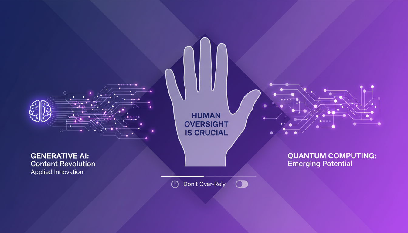 Modern illustration of generative AI and quantum computing, minimalist style, indigo and violet colors, geometric shapes.