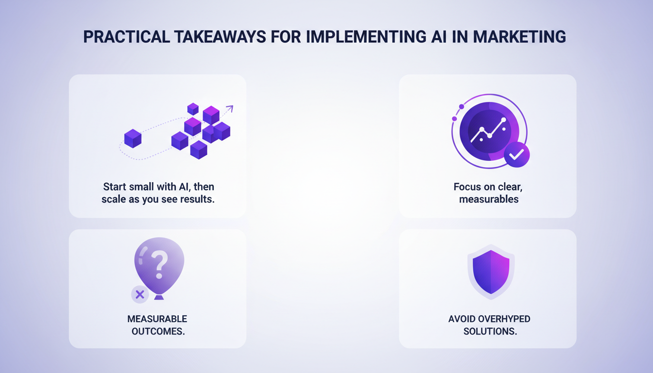 Modern AI in marketing illustration with geometric shapes and indigo-violet gradients, representing practical implementation strategies.