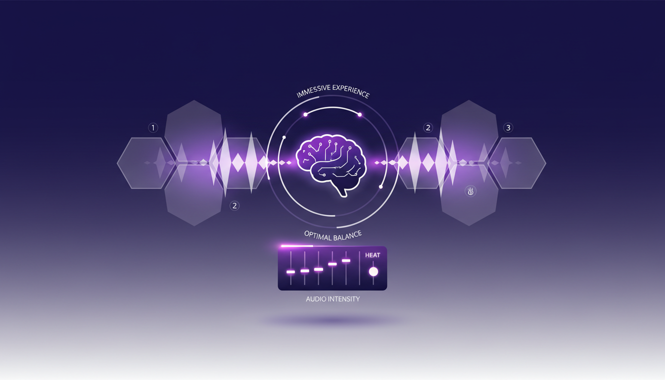 Modern illustration of integrating audio intensity with geometric shapes, soft shadows, gradients, using indigo and violet palette.