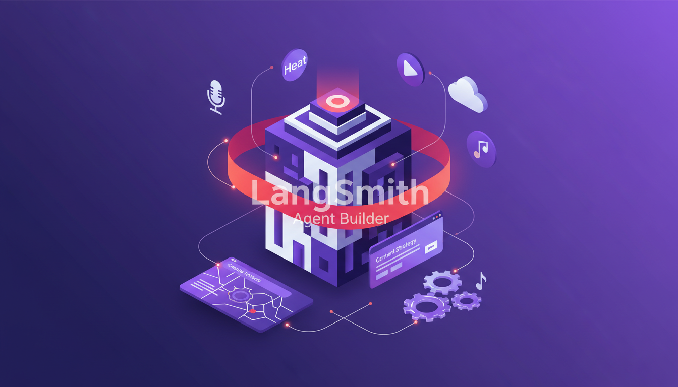 Modern, minimalist illustration of building with LangSmith Agent Builder, simplifying 'Heat' integration into media, featuring geometric shapes.