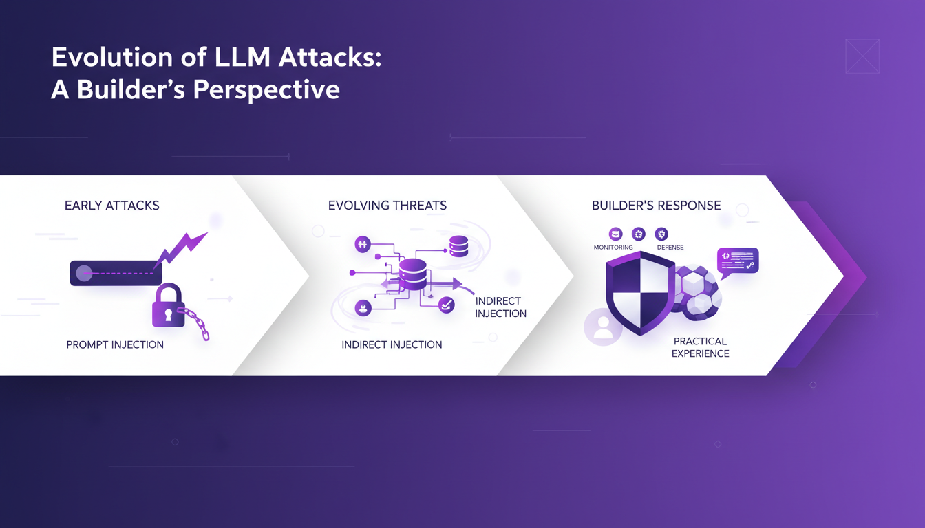 Modern illustration of LLM attack evolution, highlighting key concepts like prompt injection and personal experiences in practice.
