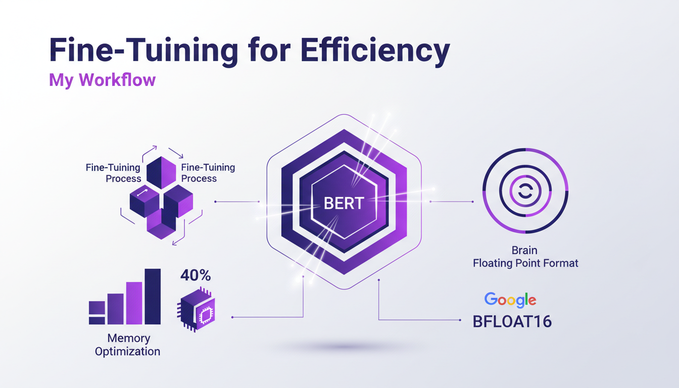 Modern minimalist illustration of BERT optimization for efficiency, highlighting memory techniques and Google's Brain float format.