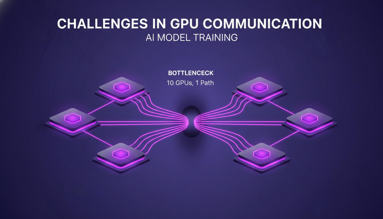 Illustration moderne des défis de communication GPU pour l'entraînement de modèles IA, avec formes géométriques et dégradés violets.