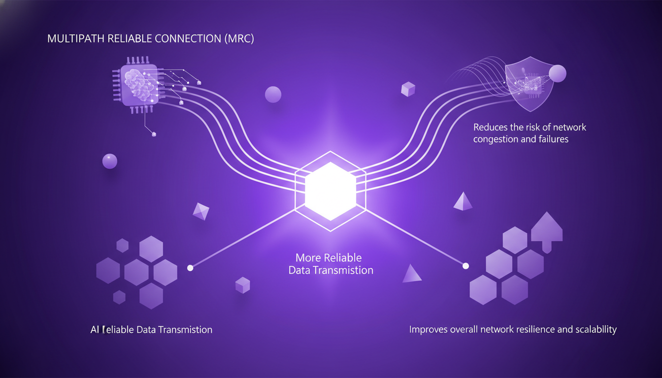 Illustration moderne de la connexion multipath fiable montrant l'impact sur la transmission de données, la résilience et l'évolutivité réseau.