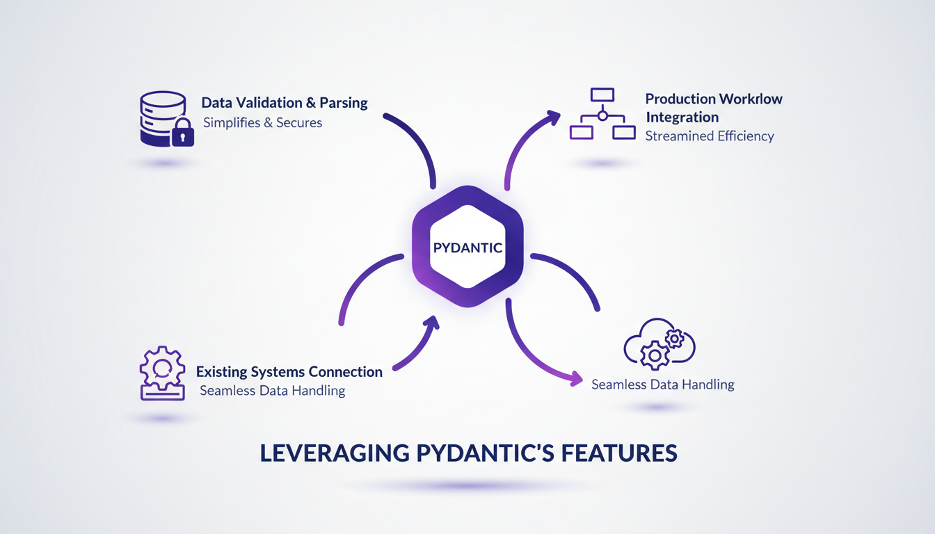 Modern illustration of integrating Pydantic into workflows, simplifying data validation and parsing with geometric shapes and gradient overlays.