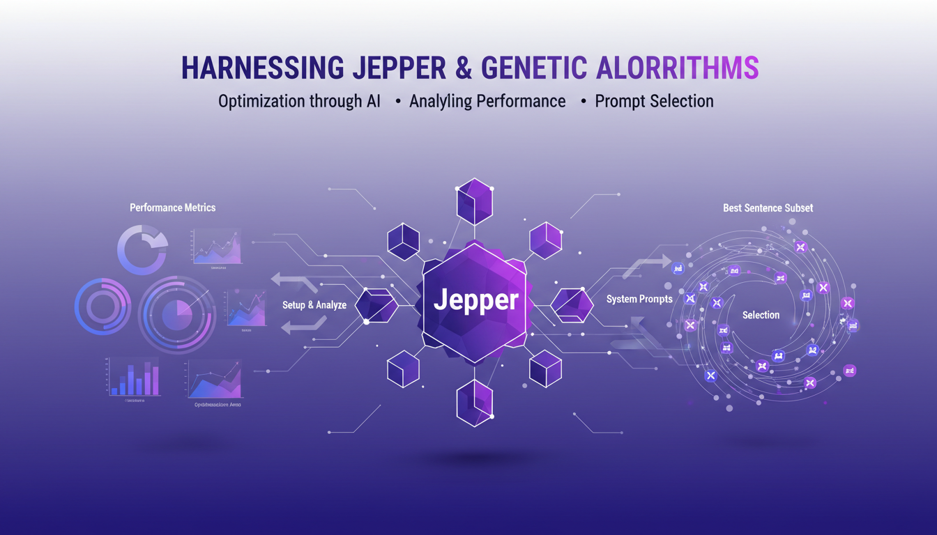 Modern illustration of optimization using Jepper and genetic algorithms, featuring geometric shapes and violet gradients.