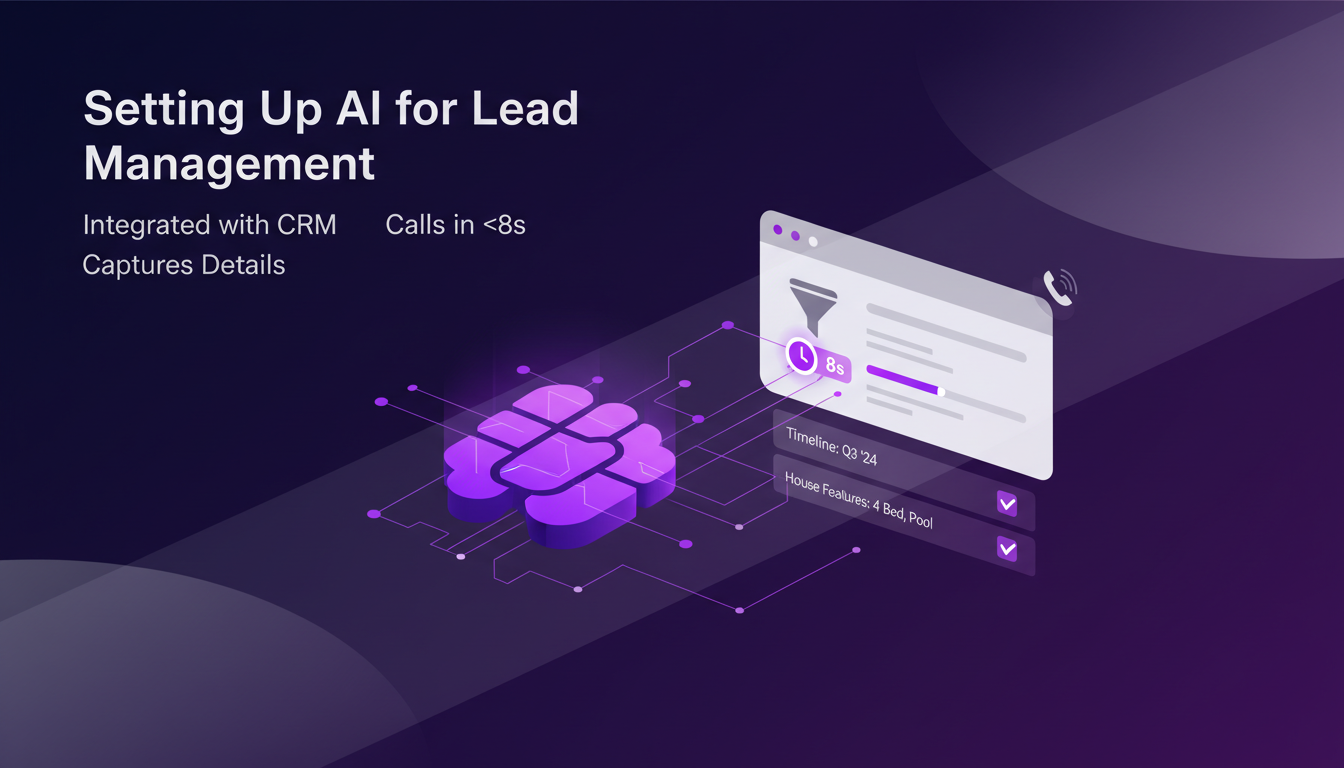 Modern illustration of AI setup for lead management, CRM integration, quick calls, detail capture, minimalist style, deep indigo and violet tones.