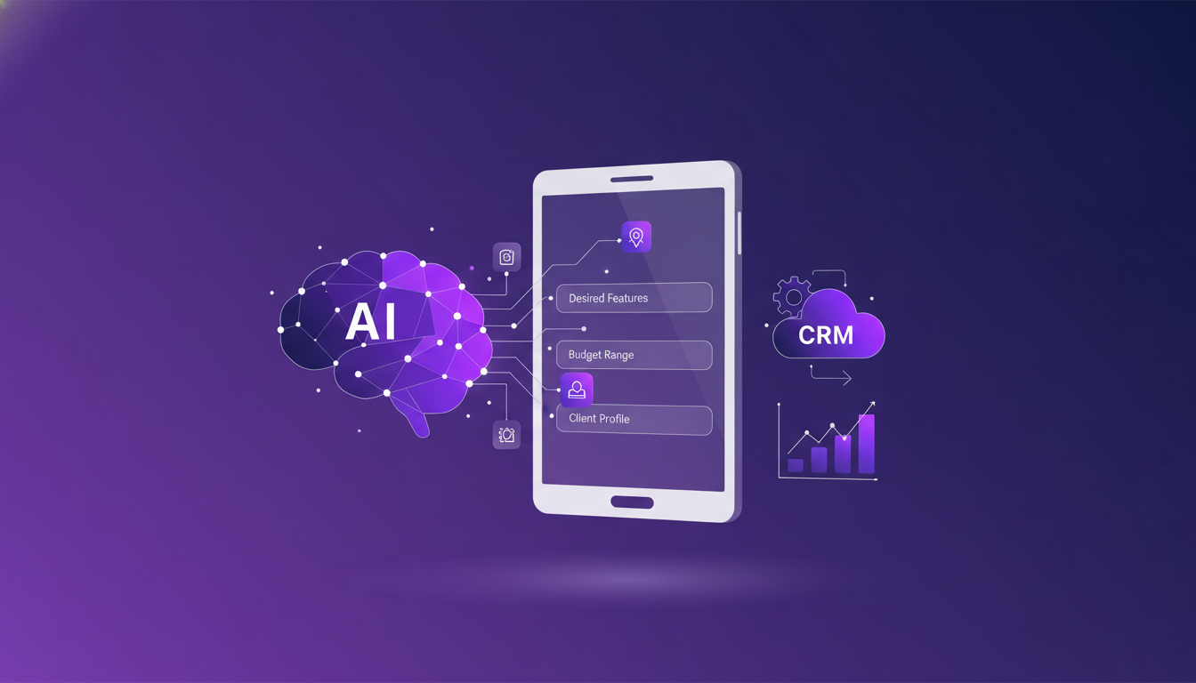 Modern illustration of AI efficiently capturing client details, seamlessly integrating into CRM, with geometric shapes and gradient overlays.