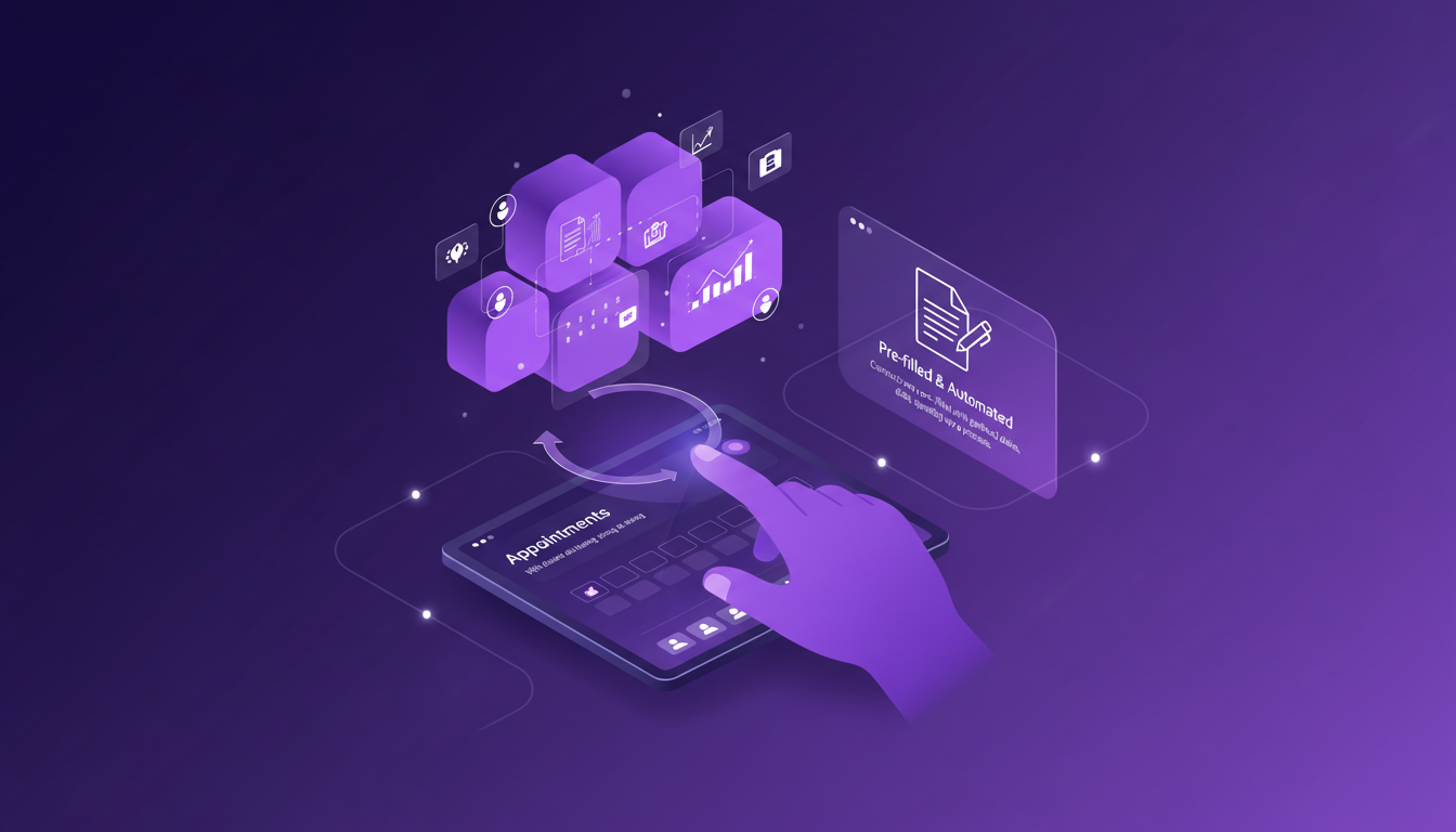 Modern minimalist illustration on facilitating appointments and contracts with AI tools, synced calendars, client data integration.