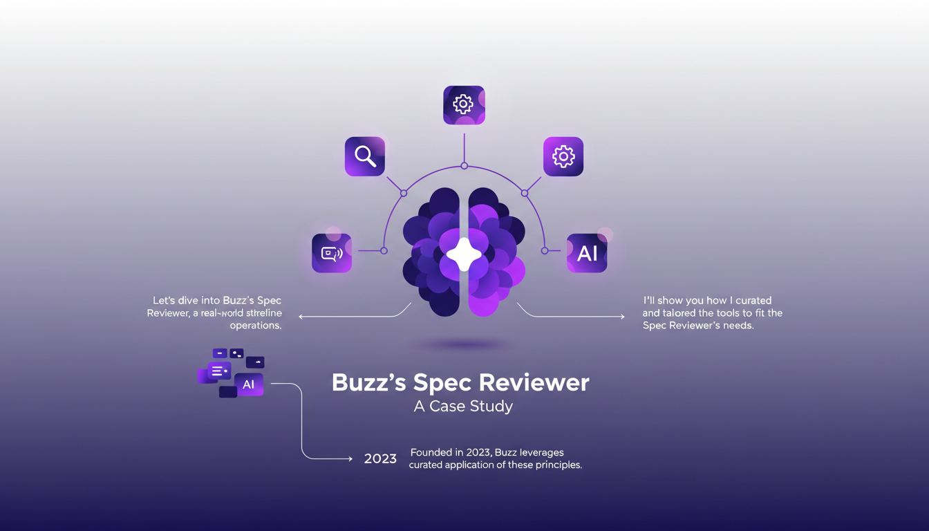 Illustration moderne et minimaliste de Buzz's Spec Reviewer, montrant l'application des outils AI en 2023, avec des formes géométriques et des dégradés.