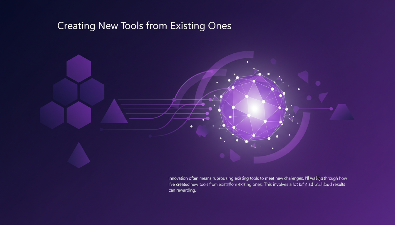 Illustration moderne sur la création d'outils innovants à partir d'existants, avec formes géométriques et dégradés violets, pour un blog AI.