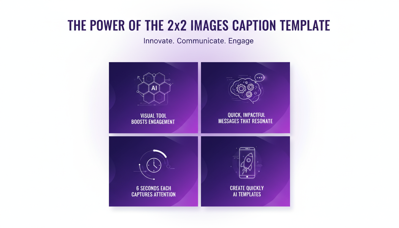 Modern illustration on indigo and violet background depicting the 2x2 Caption Template, a visual tool to enhance engagement with AI.