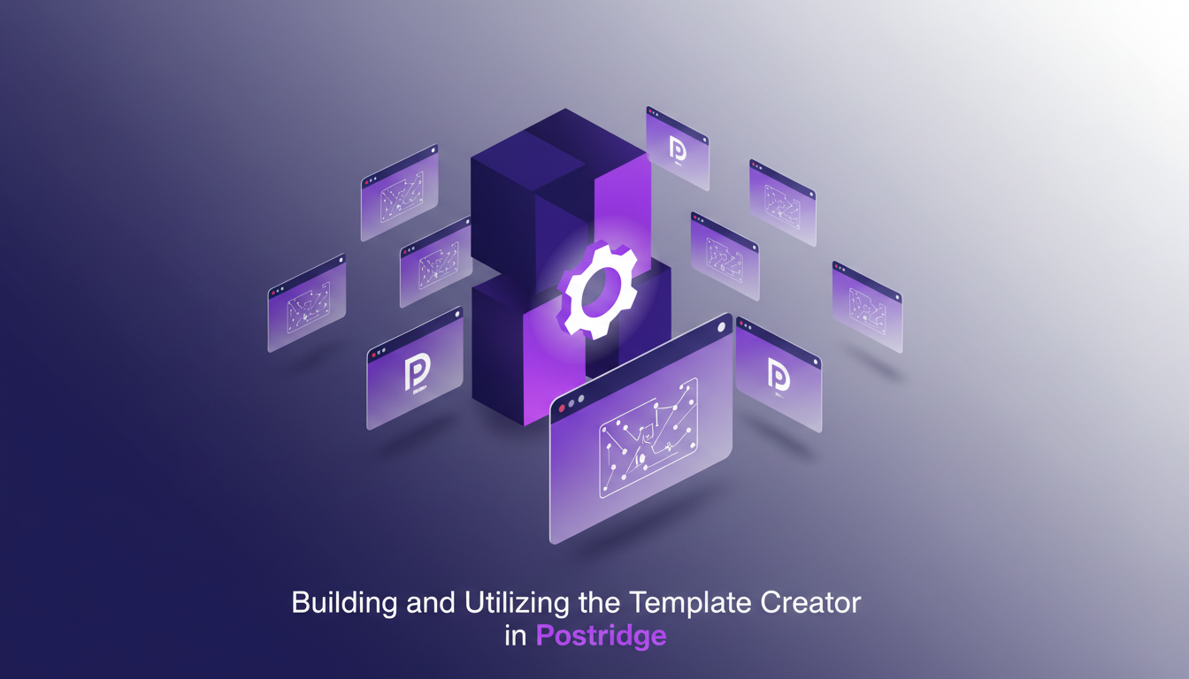 Modern illustration of building templates in Postridge, featuring brand visual identity with geometric shapes and gradient overlays.
