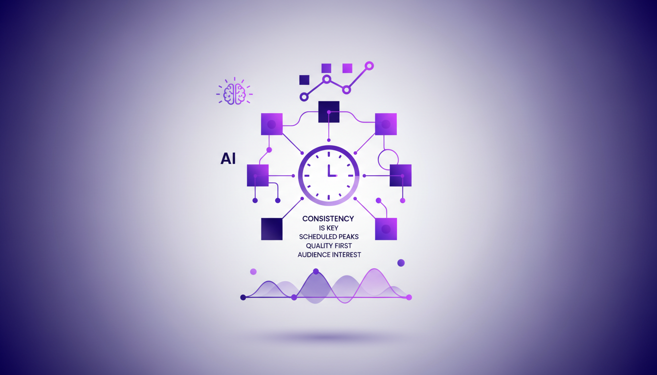 Modern illustration of consistent posting strategy with geometric shapes, indigo and violet gradients, AI technology.