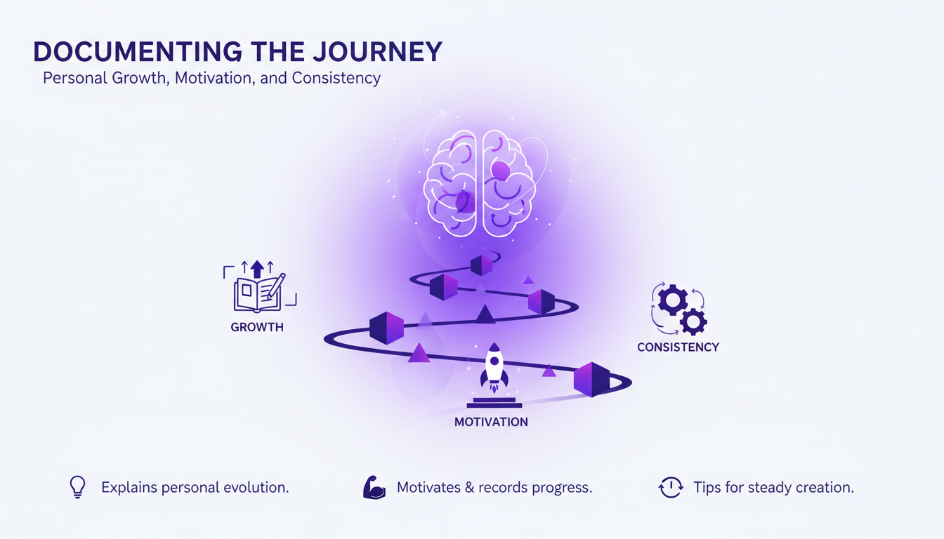 Modern minimalist illustration on documenting personal growth with geometric shapes and indigo-violet gradients.