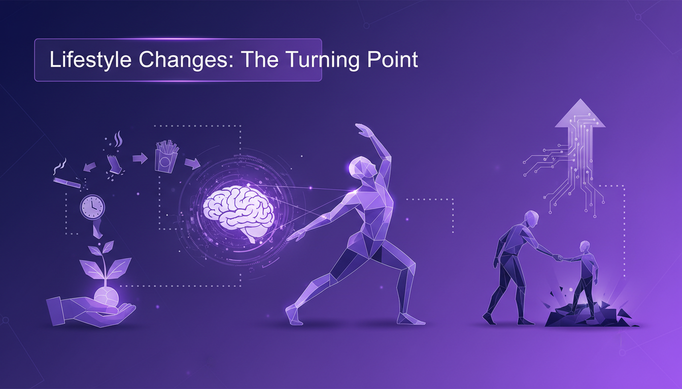 Modern minimalist illustration on lifestyle changes, highlighting exercise and mental health, featuring geometric shapes and gradient overlays.