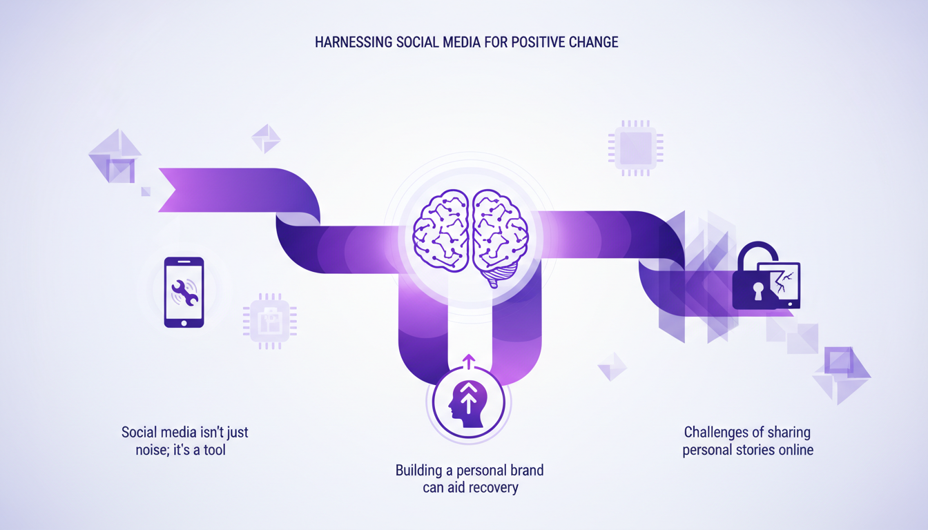 Modern illustration on harnessing social media for positive change, featuring geometric shapes and indigo-violet gradients.