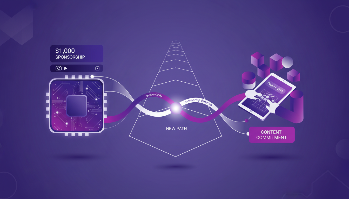 Modern illustration on sponsorship and content creation, showcasing a $1,000 commitment with geometric shapes and gradient overlays.