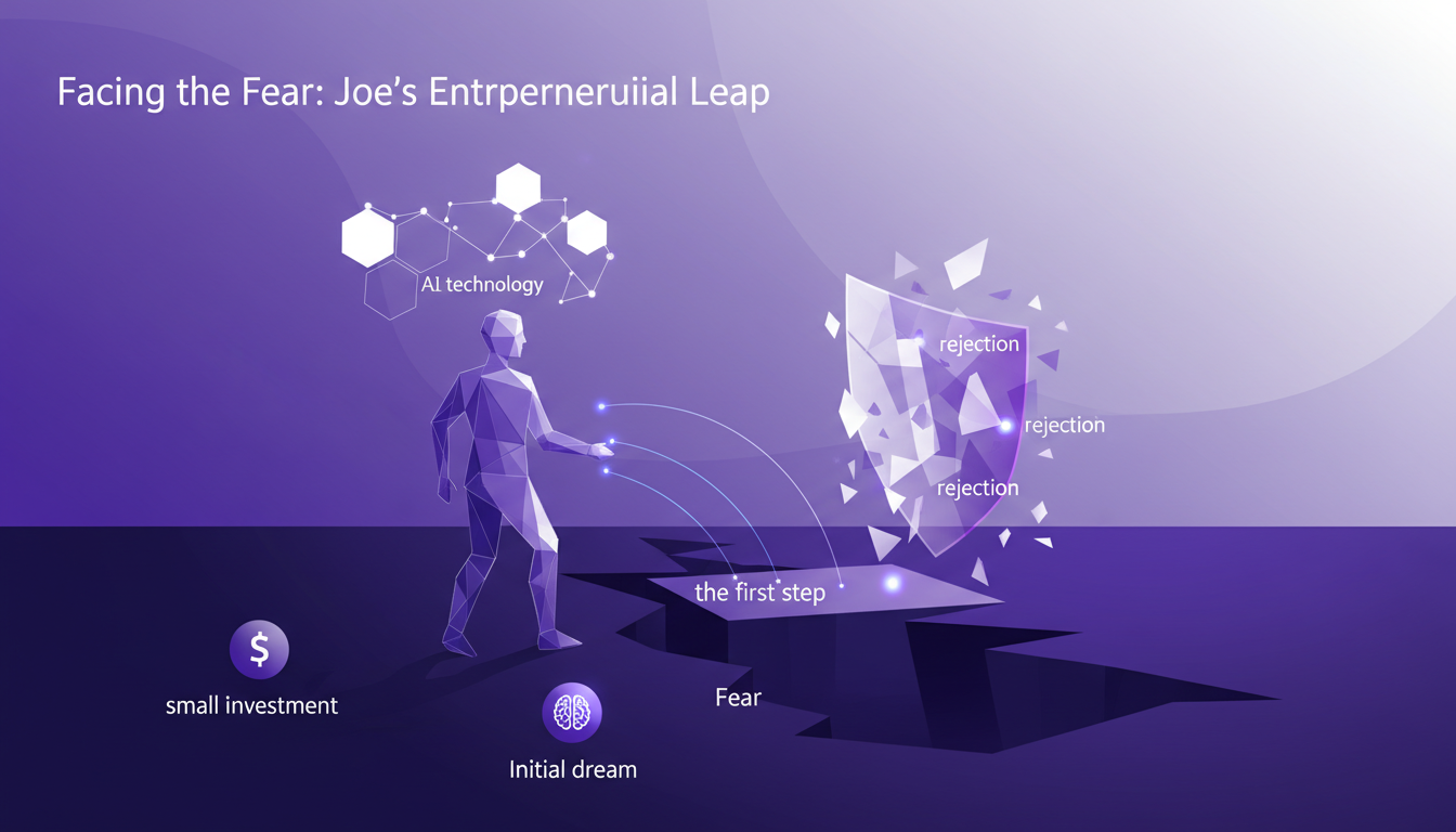 Modern illustration of Joe's entrepreneurial leap, symbolizing courage in the face of fear with geometric elements and violet hues.