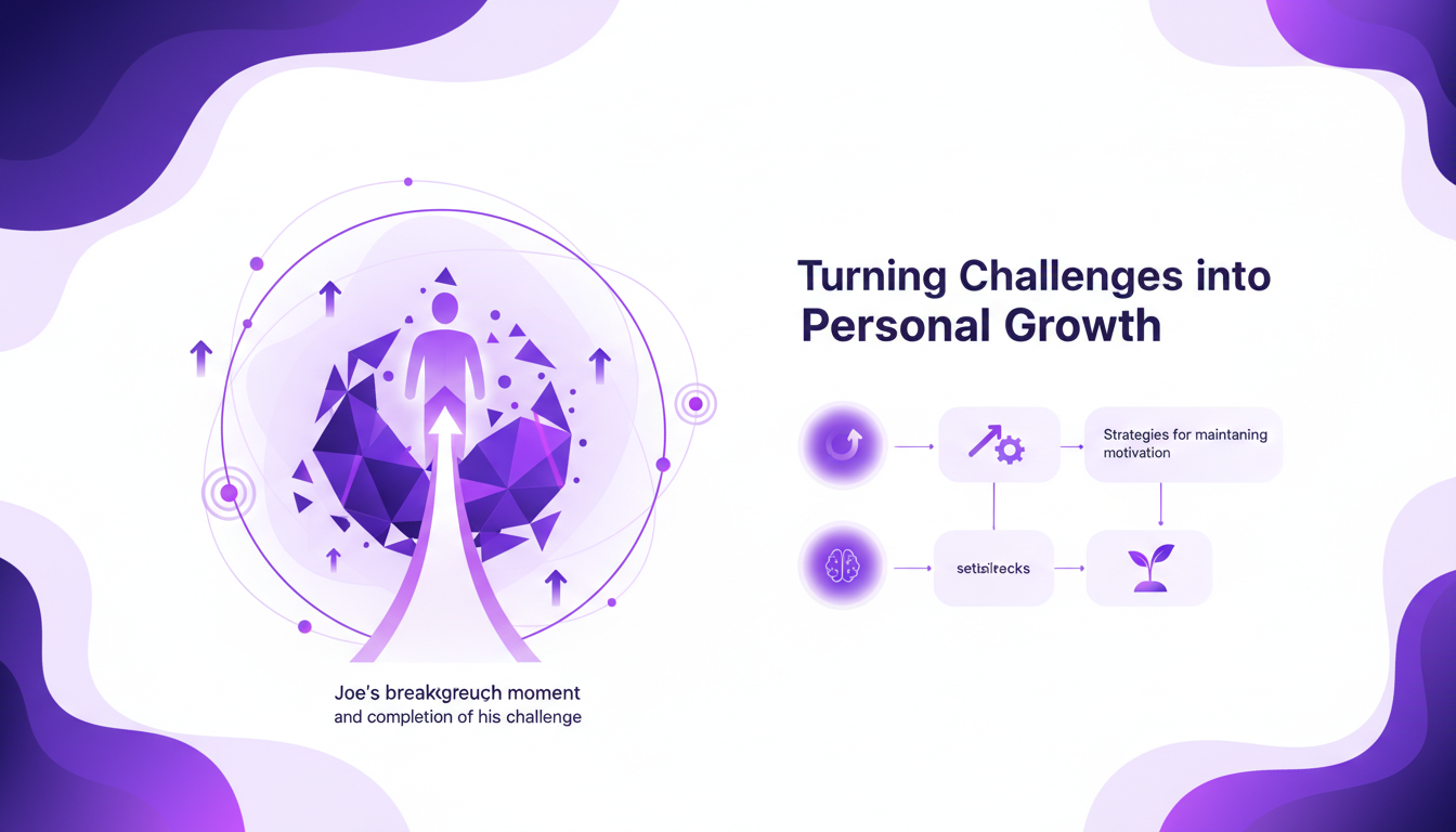 Modern illustration of Joe overcoming a challenge, symbolizing personal and professional growth, with geometric shapes and gradient overlays.