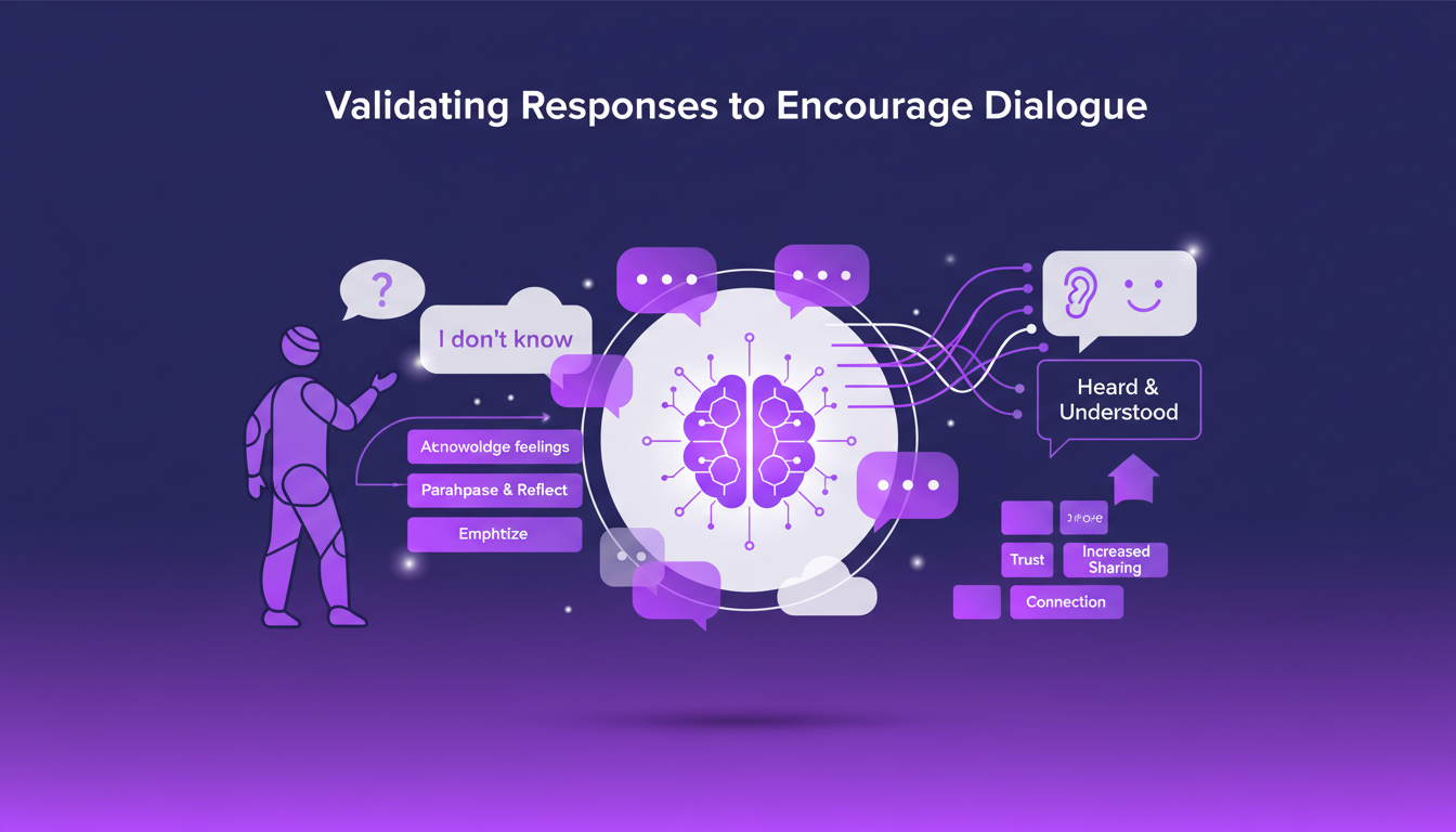 Modern illustration on validating responses to encourage dialogue, featuring geometric shapes and indigo and violet colors.