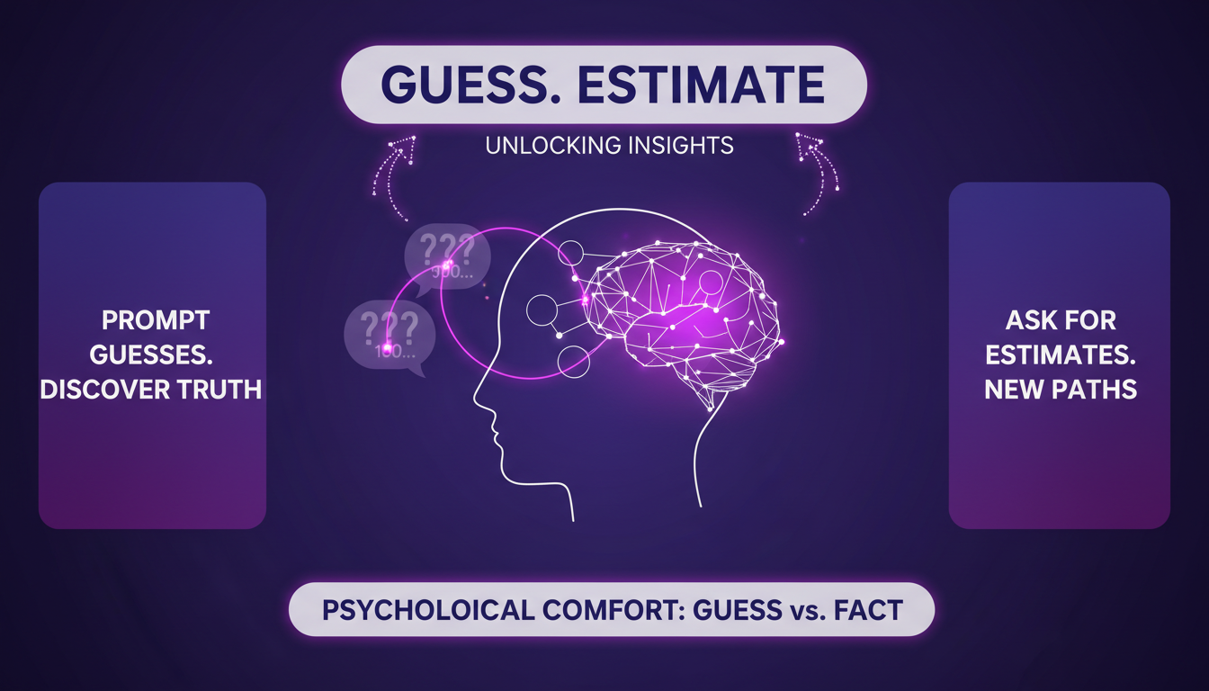 Modern illustration of encouraging guesses with geometric shapes and indigo-violet gradients, related to AI technology.