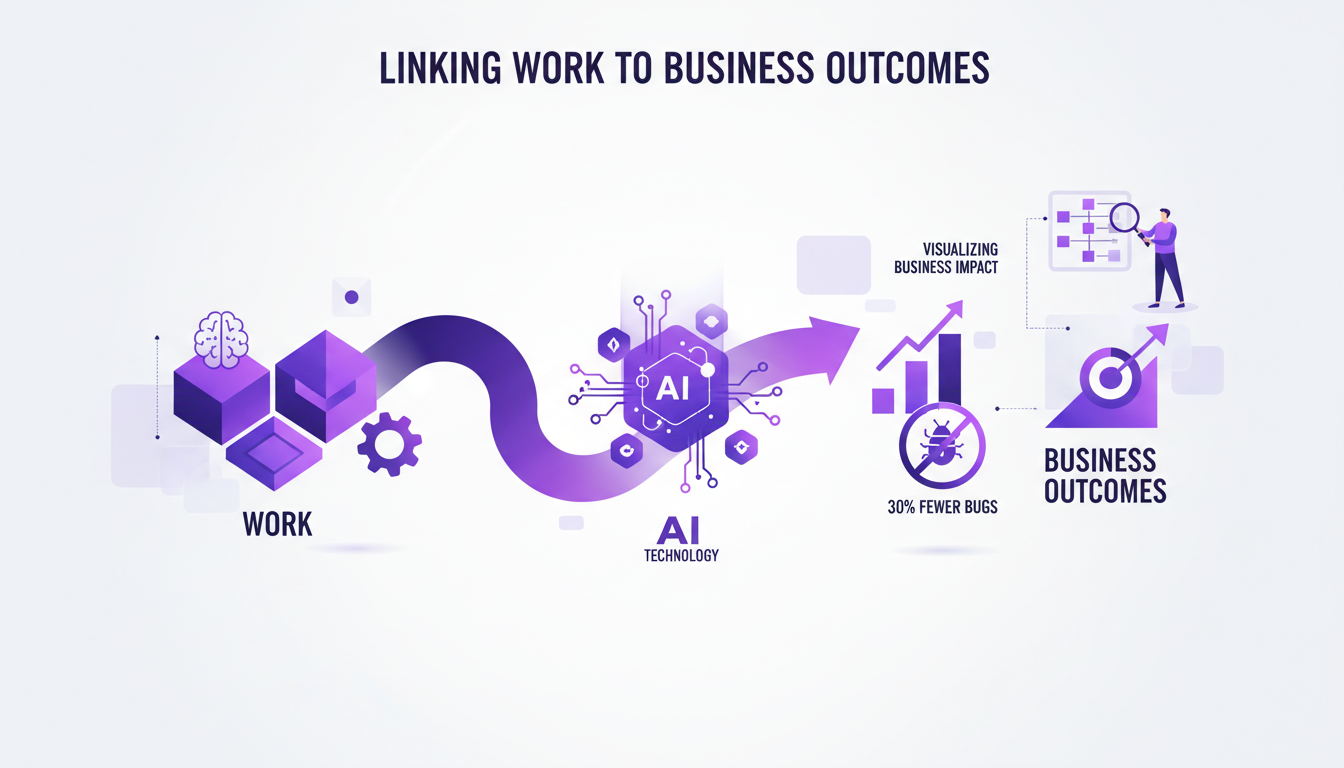 Illustration moderne montrant l'impact du travail sur les résultats commerciaux avec IA, optimisant les processus et réduisant les bugs de 30%.
