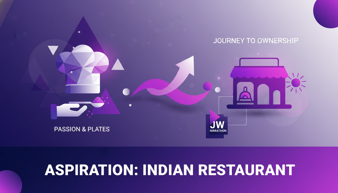 Illustration moderne d'un chef aspirant à posséder un restaurant indien, influencé par l'expérience au JW Marathon, avec un design minimaliste.