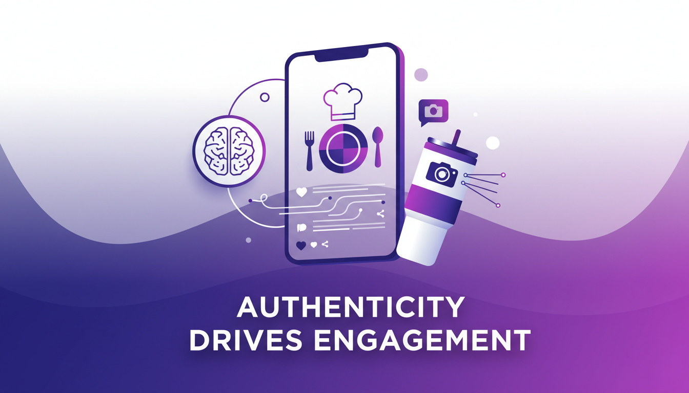 Illustration moderne sur la promotion de restaurants via les réseaux sociaux, partenariat avec Stanley, authenticité, technologie IA.