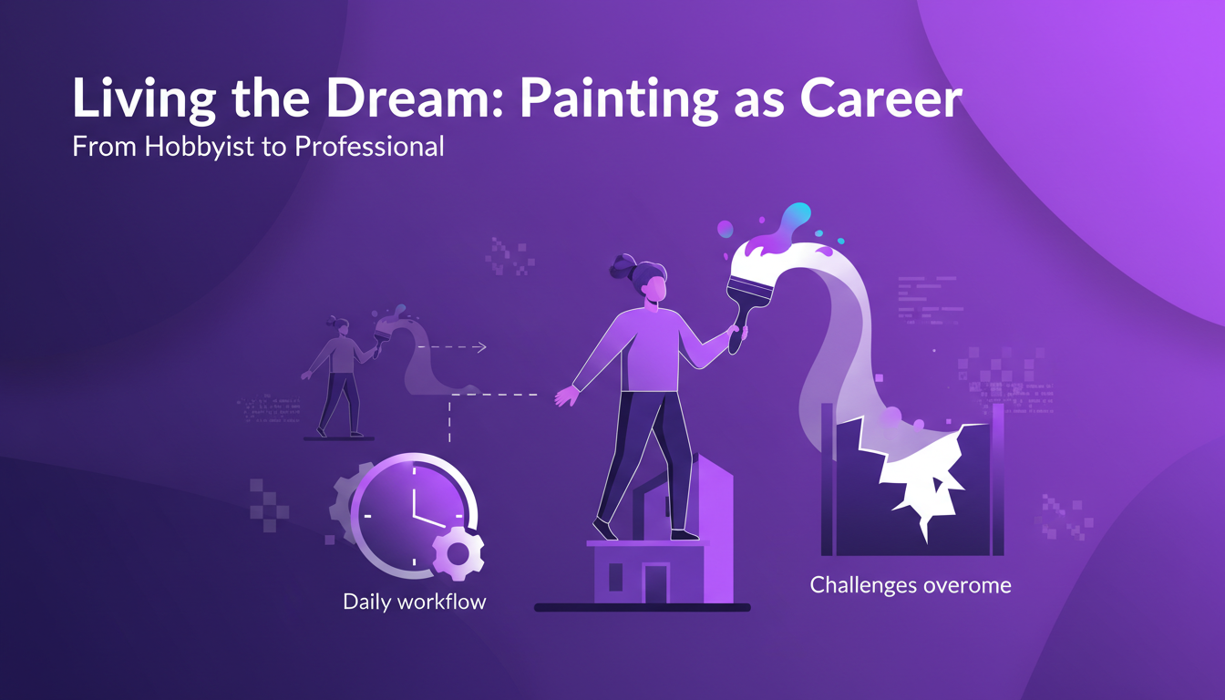 Modern minimalist illustration of a professional painter, transitioning from hobbyist to career, with geometric shapes and violet gradients.