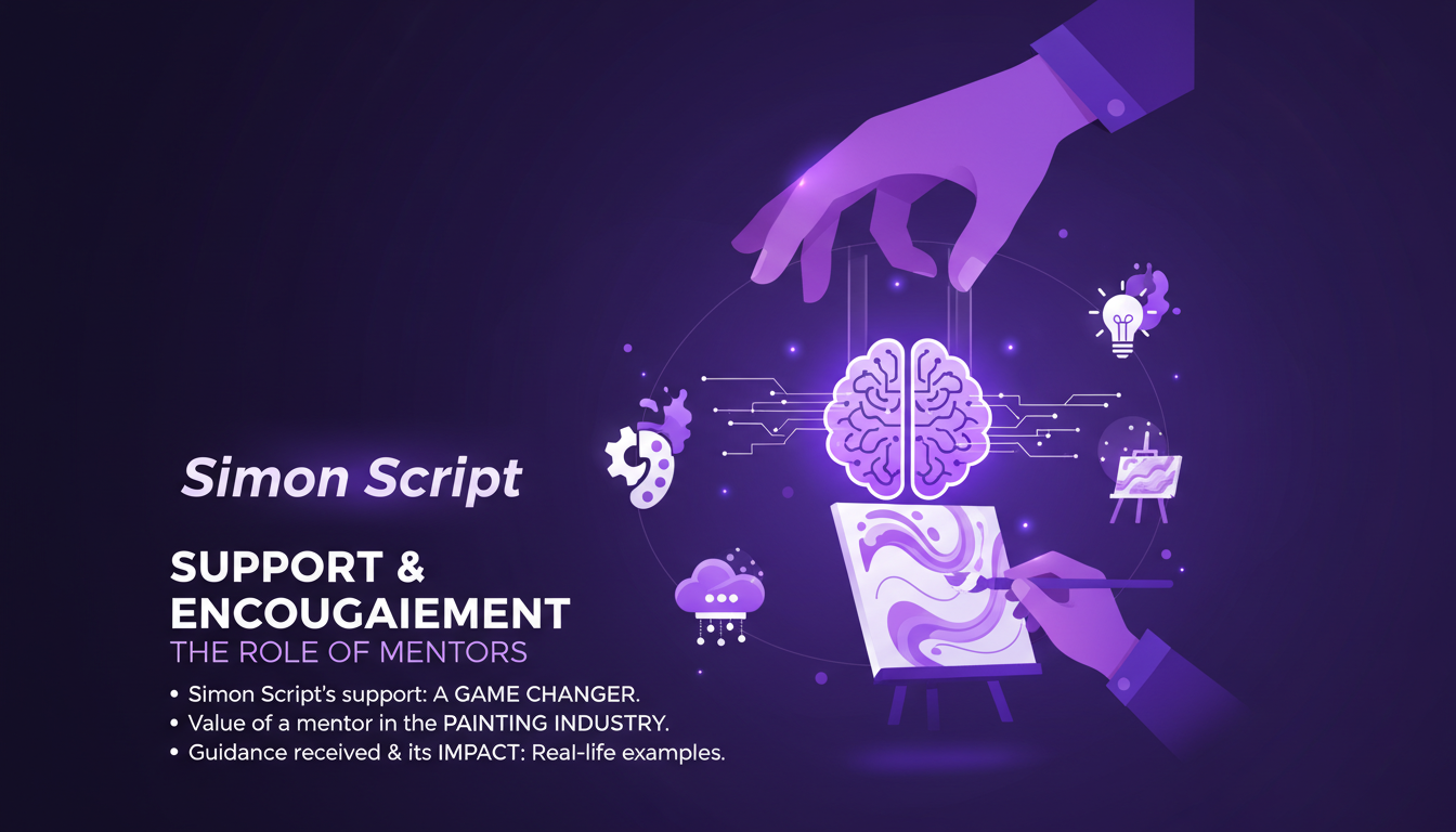 Modern illustration of mentorship in the painting industry, highlighting Simon Script's support with geometric shapes and gradient overlays.