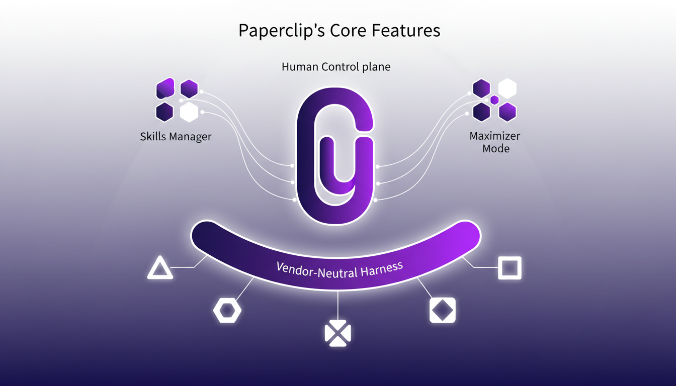 Modern illustration of Paperclip's core features, showcasing AI agent orchestration with geometric shapes and gradient overlays.