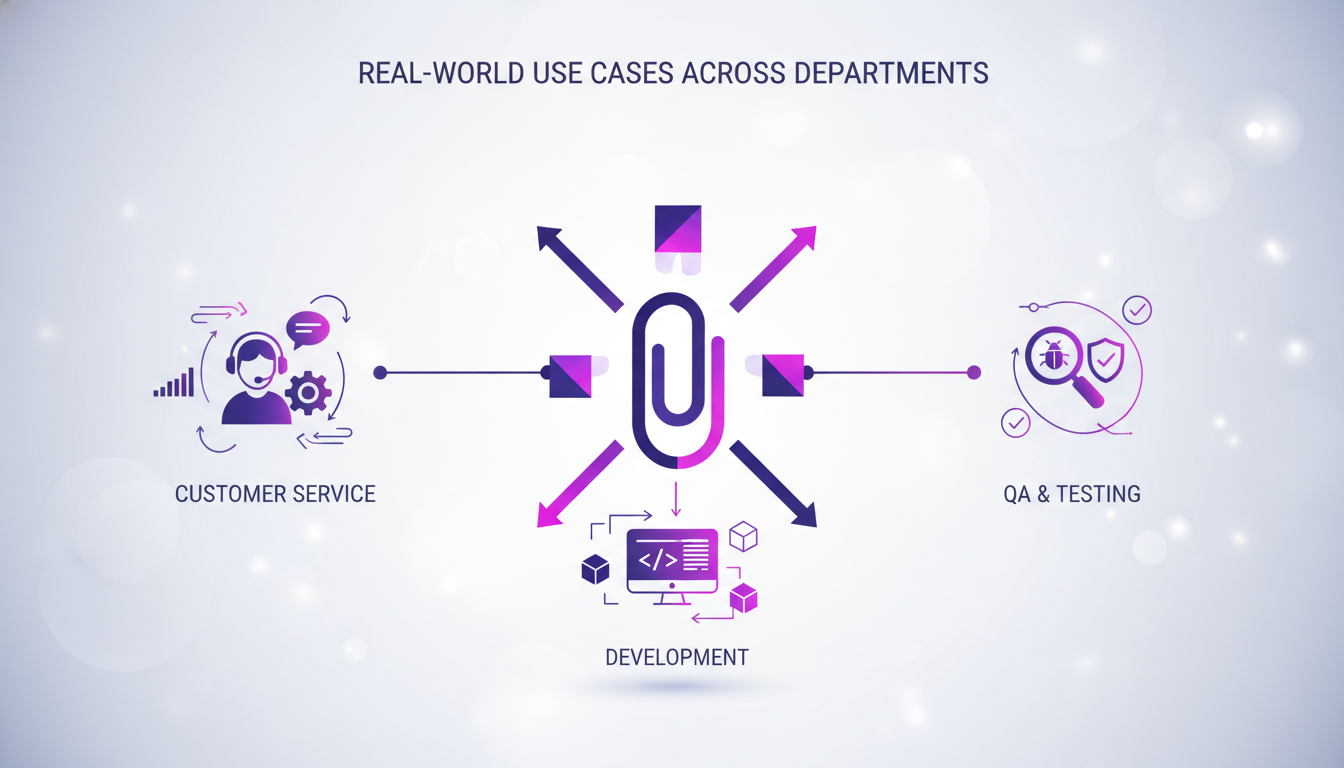 Modern illustration depicting Paperclip's use in customer service and development with geometric shapes and violet gradients.