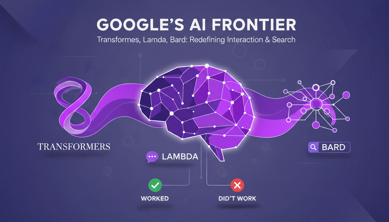 Modern illustration of Google Transformers, Lambda, Bard with geometric shapes and violet gradients, symbolizing AI innovation.