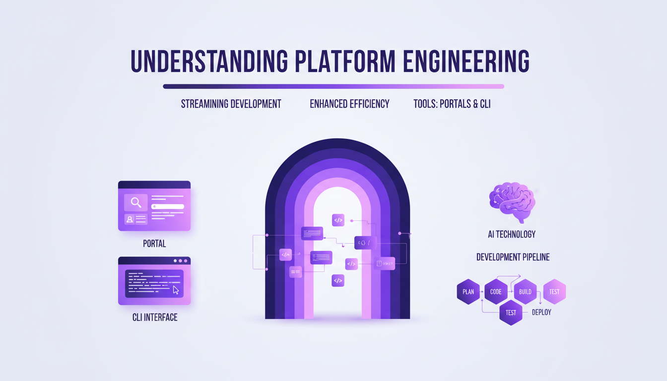 Modern illustration on platform engineering, displaying key concepts with geometric shapes and indigo, violet gradients.