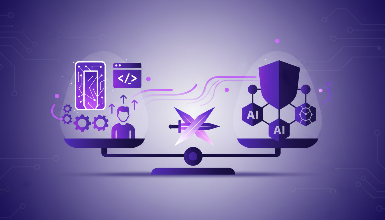 Modern illustration of self-service capabilities, depicting balance between autonomy and centralized control with geometric shapes.