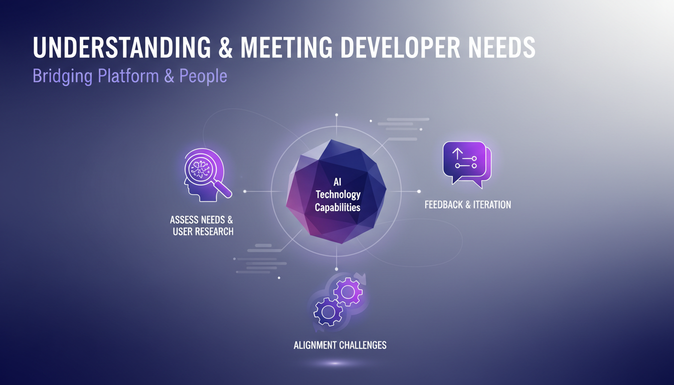 Modern illustration of understanding developer needs, featuring geometric shapes and indigo-violet gradients, highlighting AI technology.