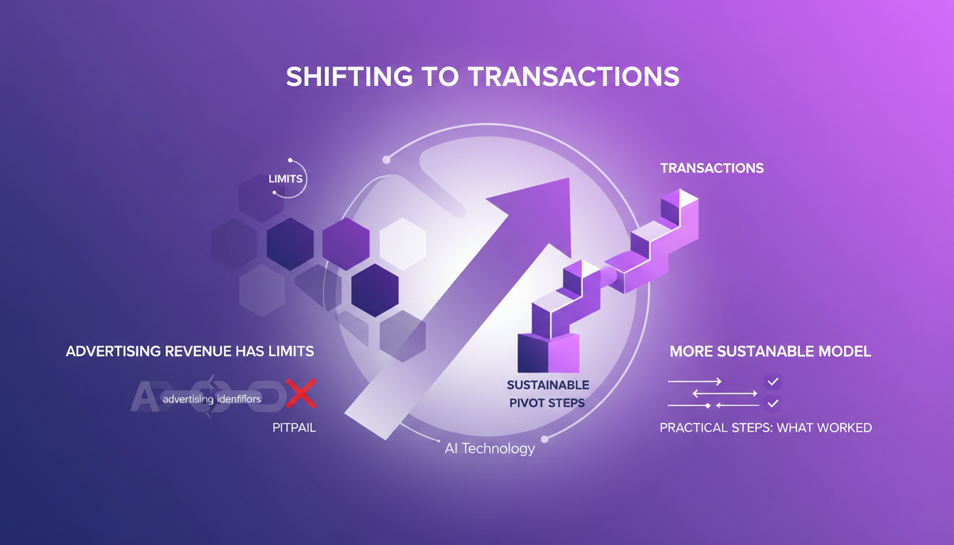Modern illustration depicting the shift from advertising revenue to transactions, featuring geometric shapes and violet gradients.