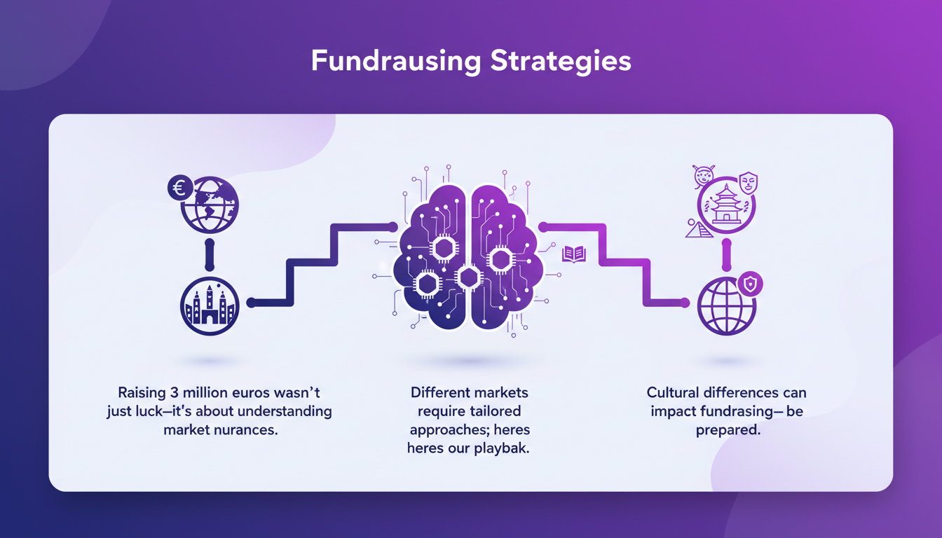 Modern illustration of fundraising strategies and market differences, highlighting cultural nuances and AI technology.