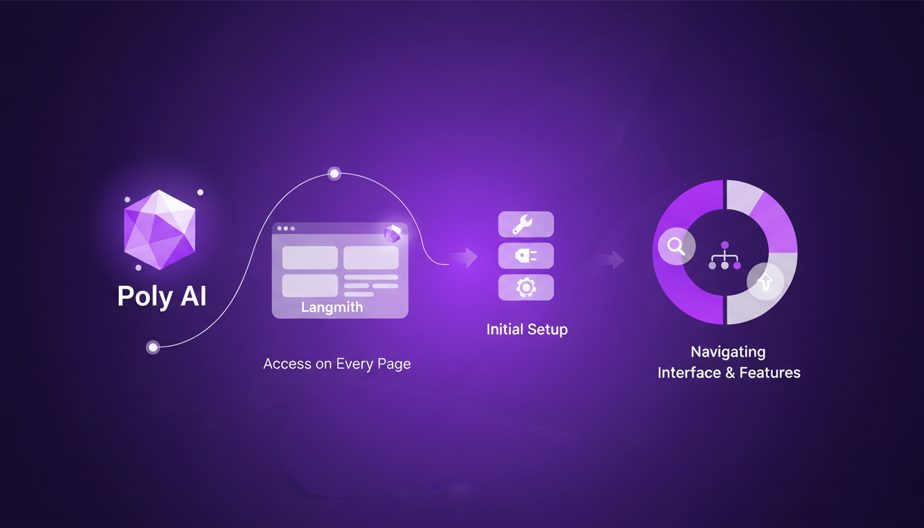 Modern violet-themed illustration of integrating Poly AI in Langmith, depicting initial setup steps and user interface highlights