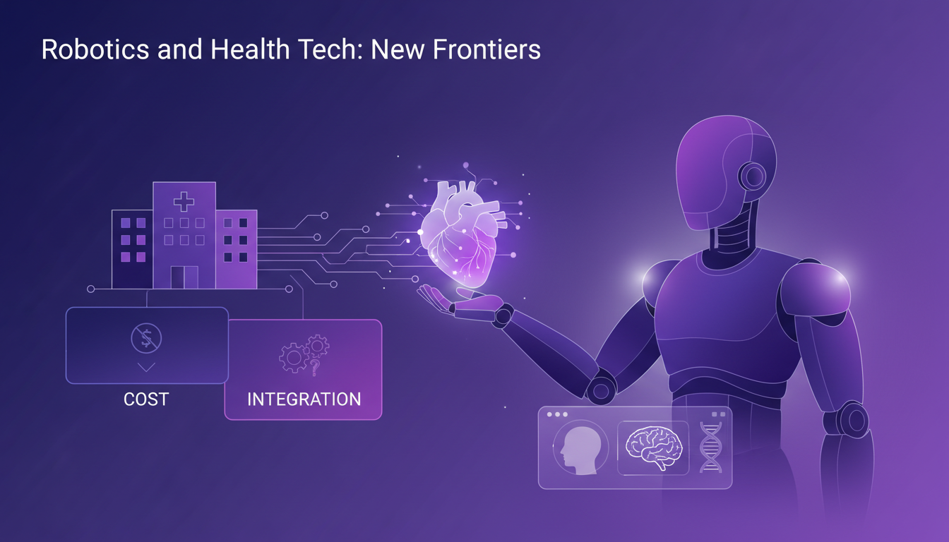 Modern illustration of humanoid robots and health tech, showcasing advancements in care and diagnostics, with indigo and violet palette.